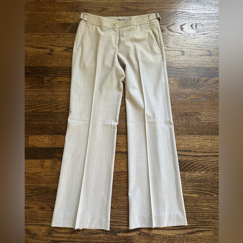 Theory Ladies Stretch Wool straight leg dress pants light brown w/side buckles 6